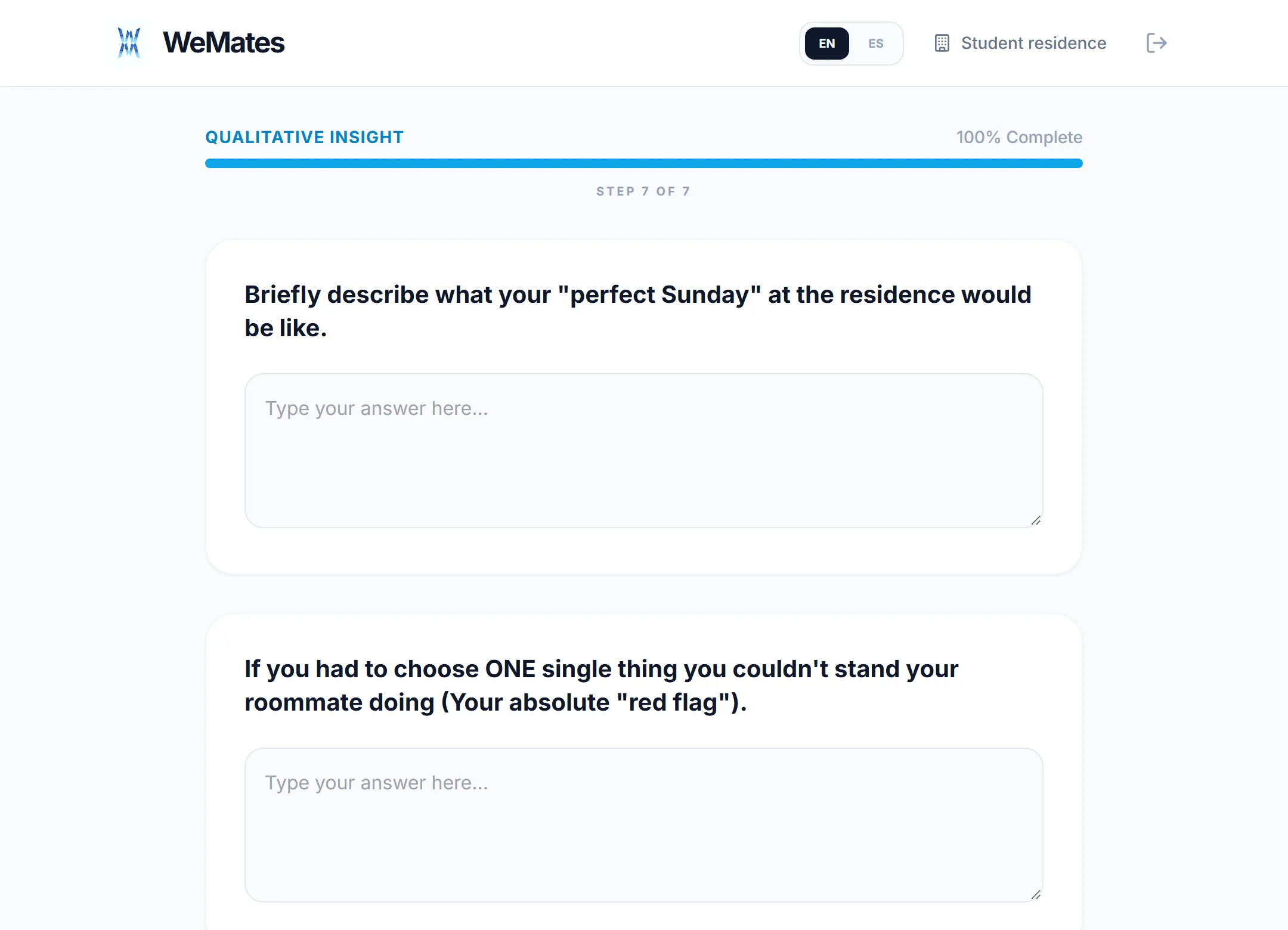 The student survey in the Qualitative Insight section, step 7 of 7, with the open questions and their text boxes.
