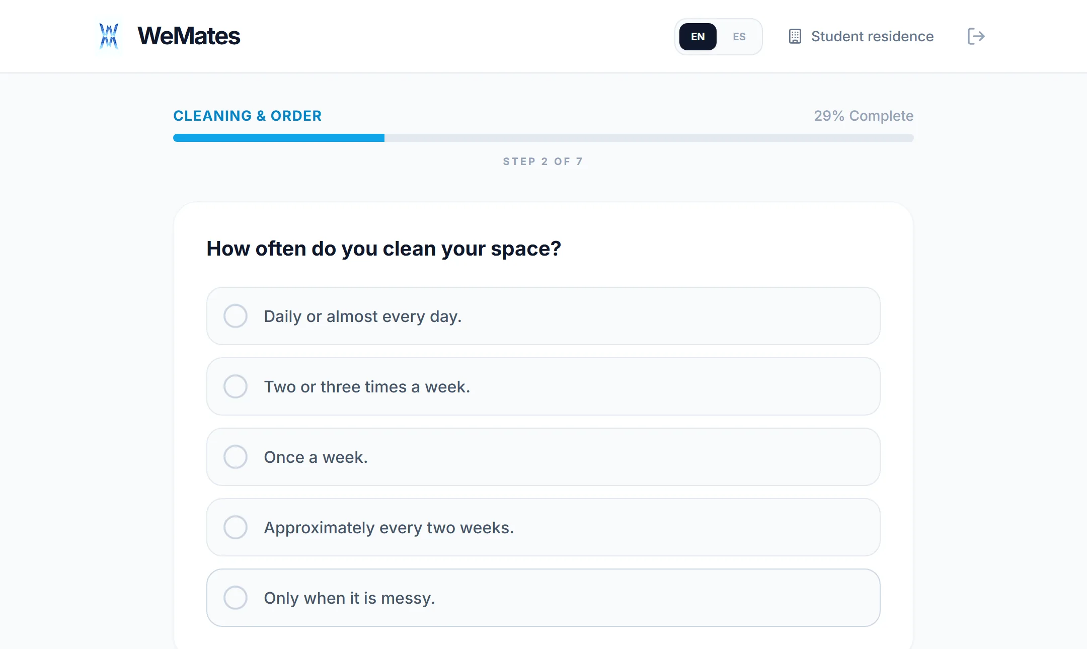 The student survey in the Cleaning & Order category, with the progress bar at step 2 of 7 and the question “How often do you clean your space?” with its five options.