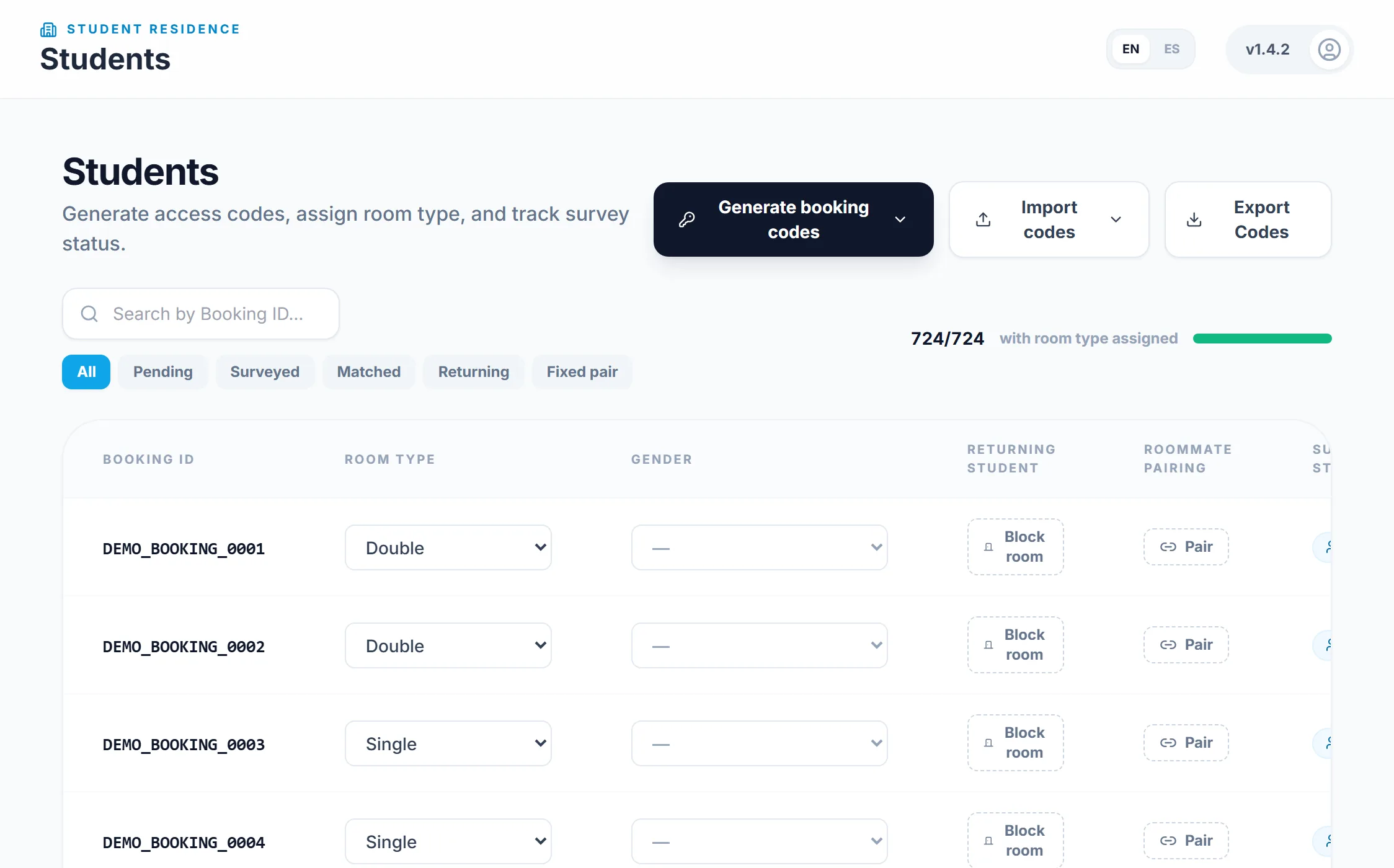 The students screen of the dashboard: generated booking codes, room type per student and survey status.